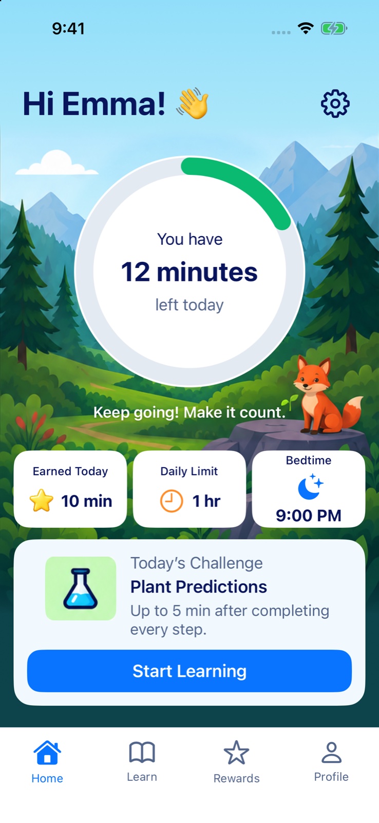 Child Home screen: Hi Emma, 12 minutes left today, 10 minutes earned, bedtime at 9:00 PM, and today's challenge.