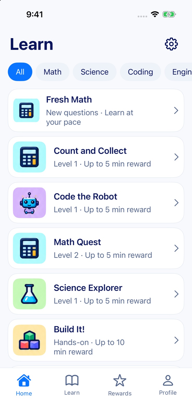 The Learn screen with subject filters and lessons: Fresh Math, Count and Collect, Code the Robot, Math Quest, Science Explorer and Build It!